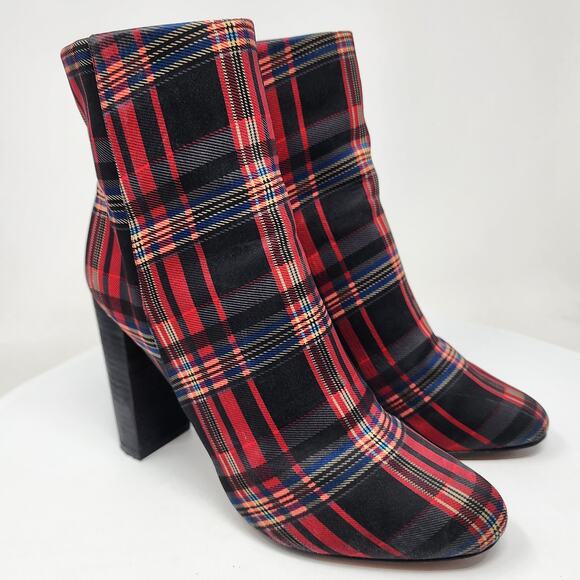 J. Renee Barbet Heeled Booties Women 8M Plaid Red Black Blue Block Heel Side Zip - Picture 1 of 12